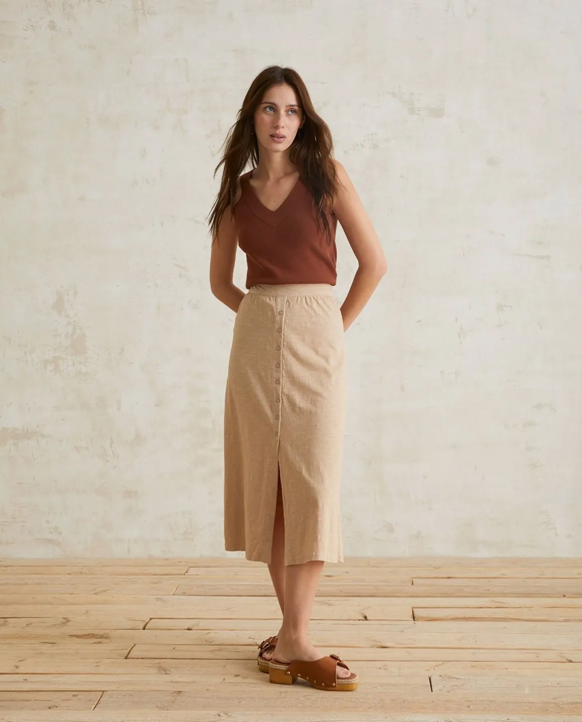 YERSE Skirts^Cotton Midi Skirt Beige