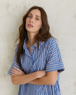 YERSE Dresses And Jumpsuits^Cotton Shirt Dress Blue Stripes