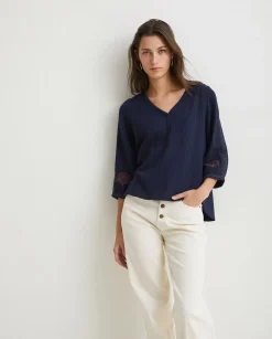 YERSE Shirts And Blouses^Cotton Shirt Embroidery Navy