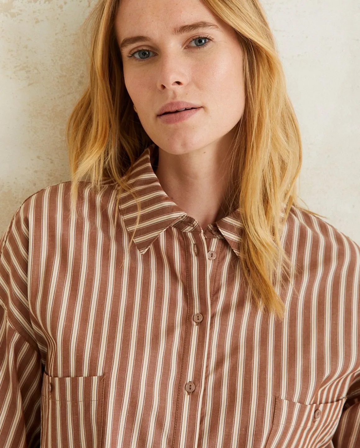 YERSE Shirts And Blouses^Cotton Shirt Pockets Chocolate Stripes