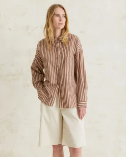 YERSE Shirts And Blouses^Cotton Shirt Pockets Chocolate Stripes