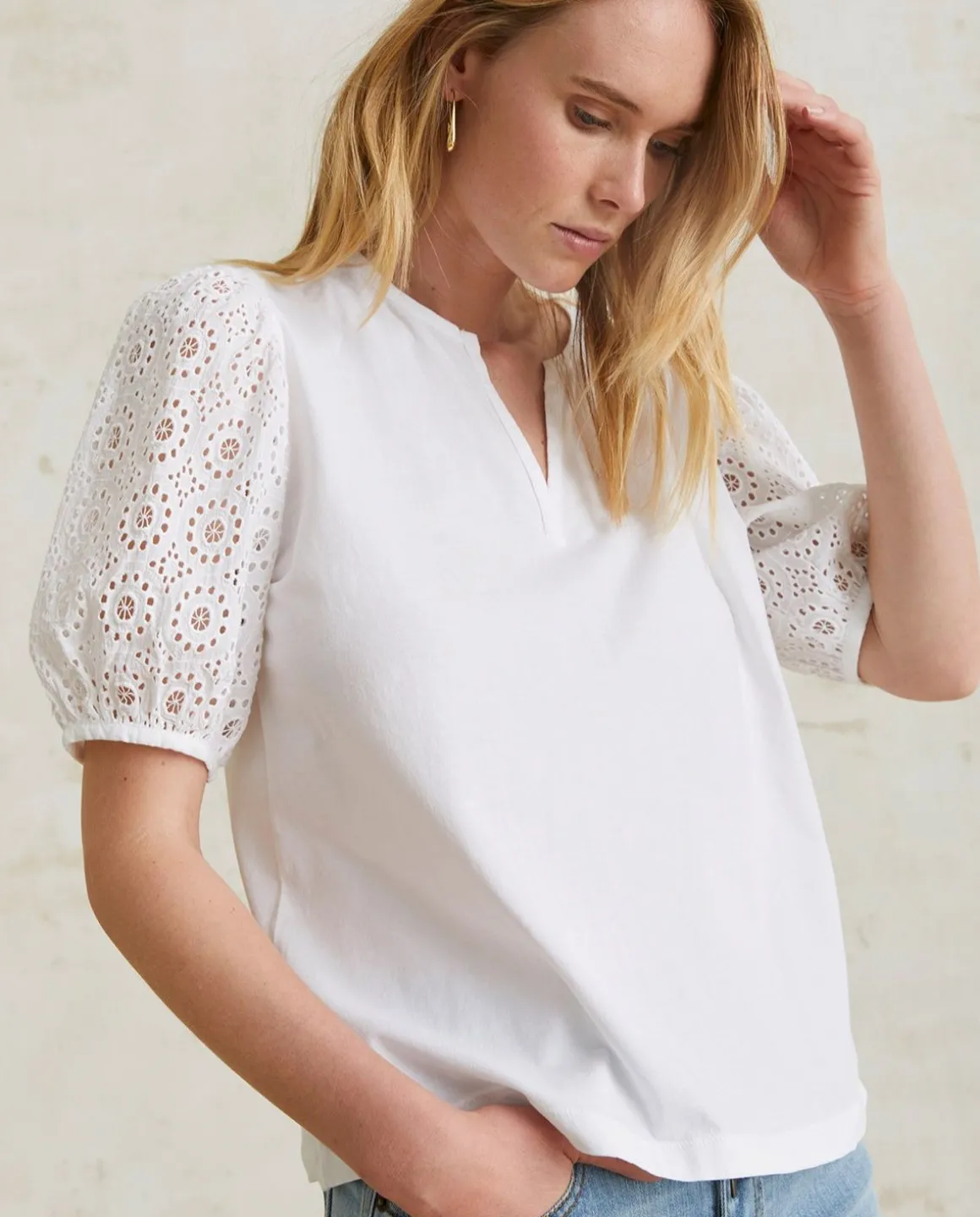 YERSE T- Shirts And Tops^Cotton T-Shirt Embroidered Sleeves White