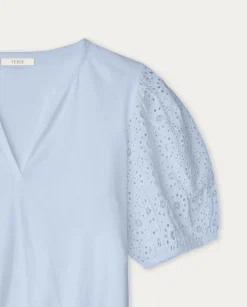 YERSE T- Shirts And Tops^Cotton T-Shirt Embroidered Sleeves Blue