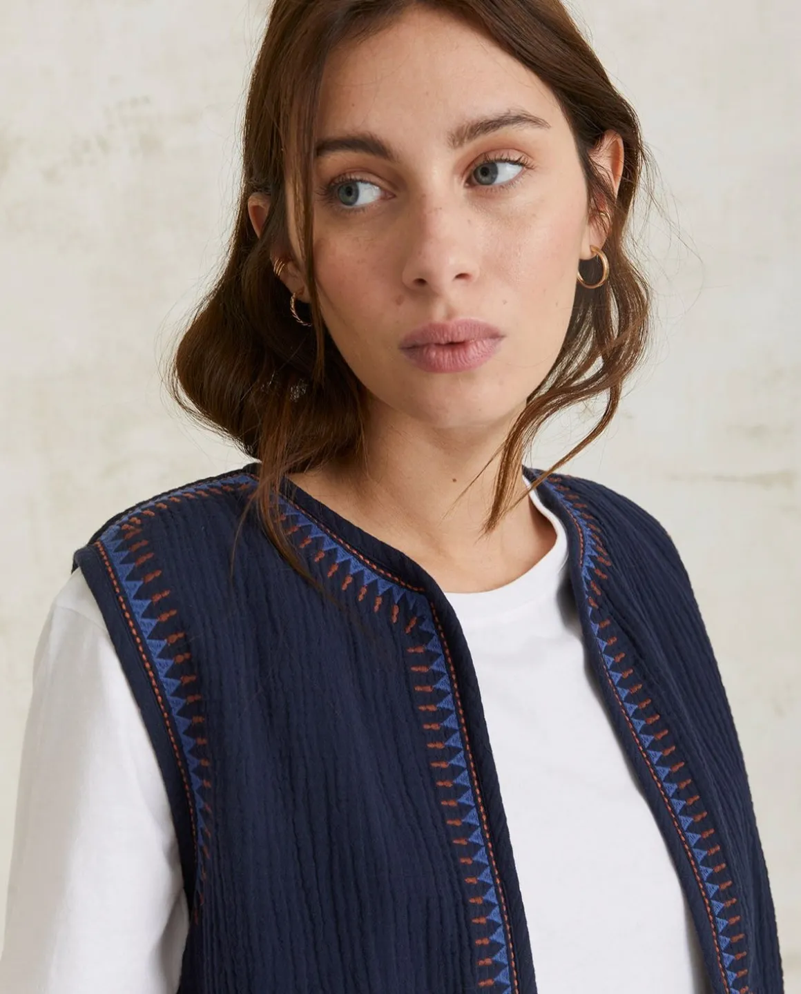 YERSE Shirts And Blouses^Cotton Vest Embroidery Navy