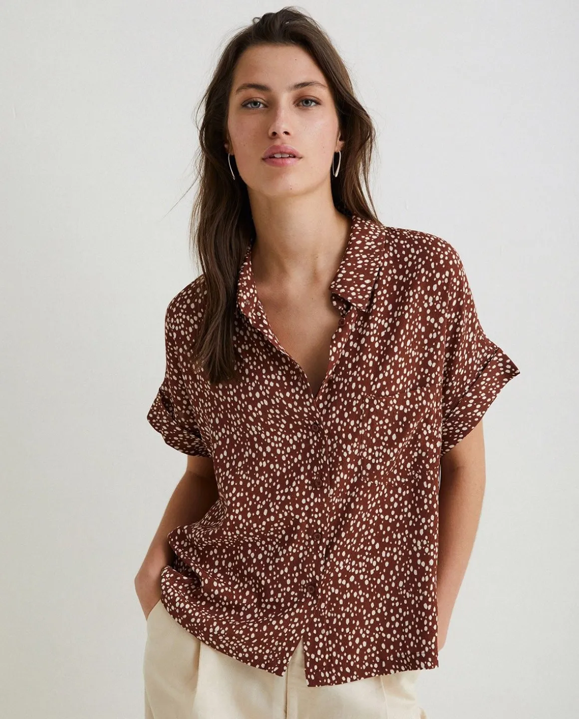 YERSE Shirts And Blouses^Flowy Print Shirt Chocolate