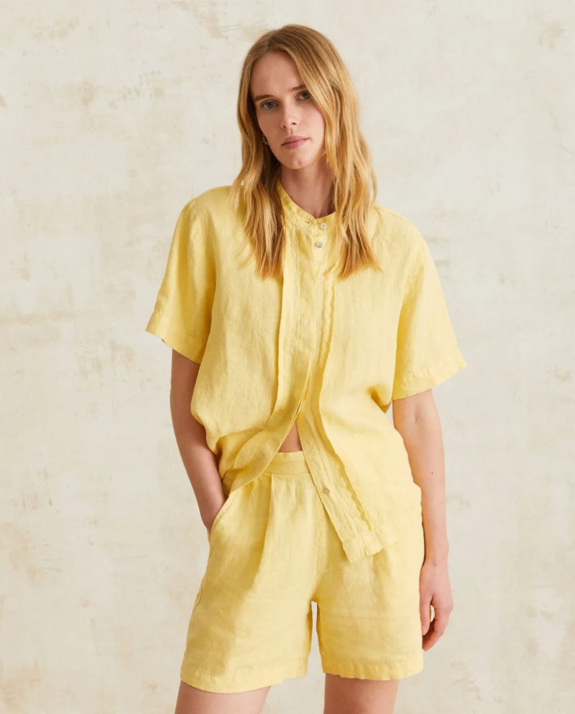 YERSE Shirts And Blouses^Mao-Neck Linen Shirt Lemon