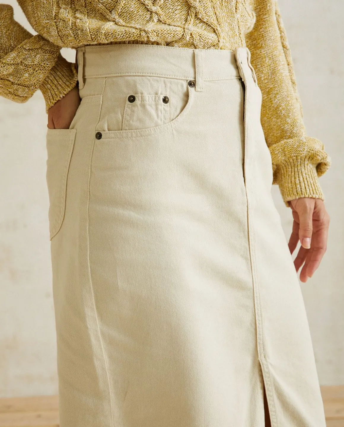 YERSE Skirts^Midi Denim Skirt Ecru