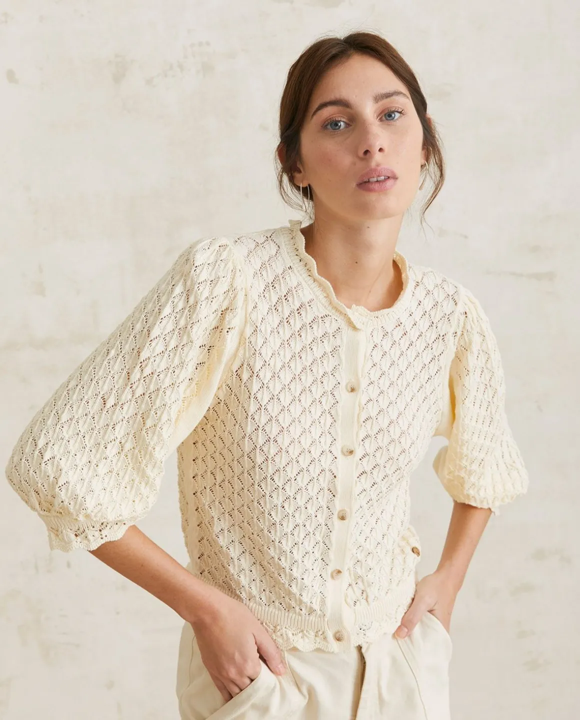 YERSE Sweaters & Cardigans^Pointelette Cotton Cardigan Ecru