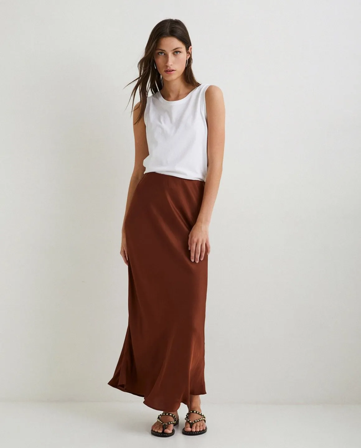 YERSE Skirts^Sateen Midi Skirt Chocolate
