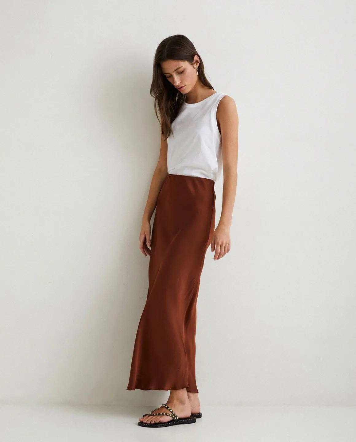 YERSE Skirts^Sateen Midi Skirt Chocolate